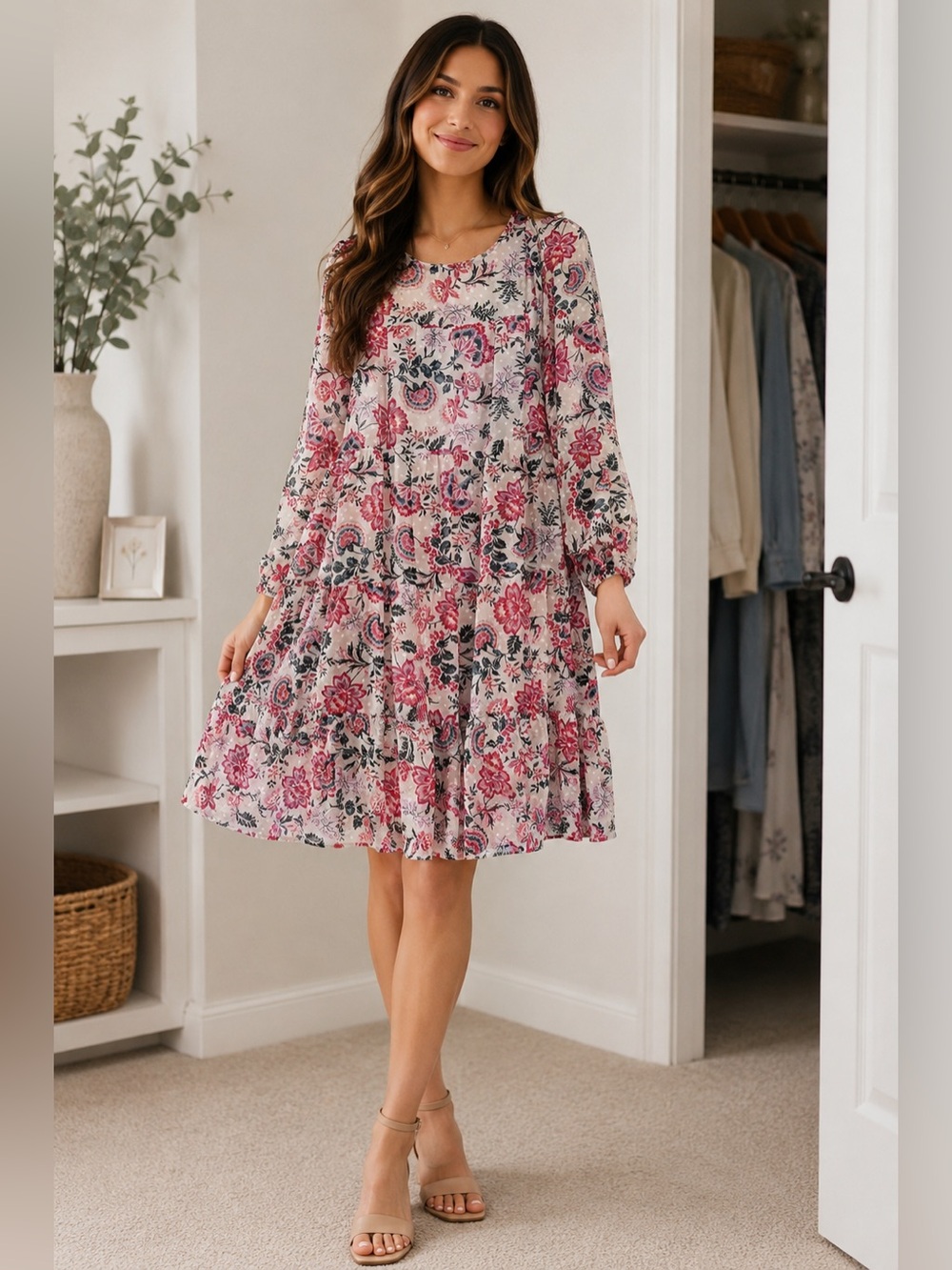 Lapis & Lillies Floral Polka Dot Textured Tiered Long-Sleeve Dress